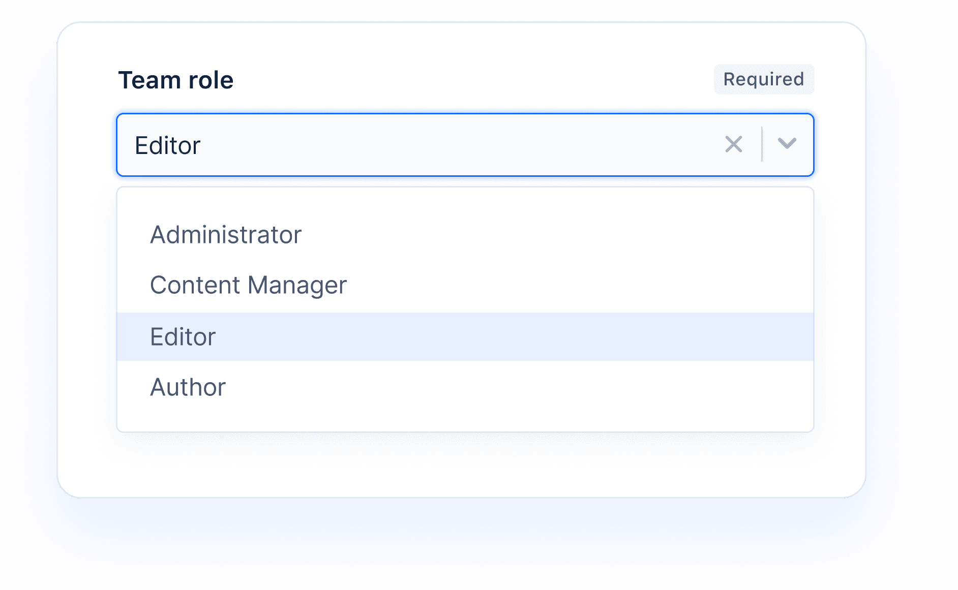 Dropdown selector from Keystone’s Admin UI showing different user roles: Administrator, Editor, Content Manager, Author