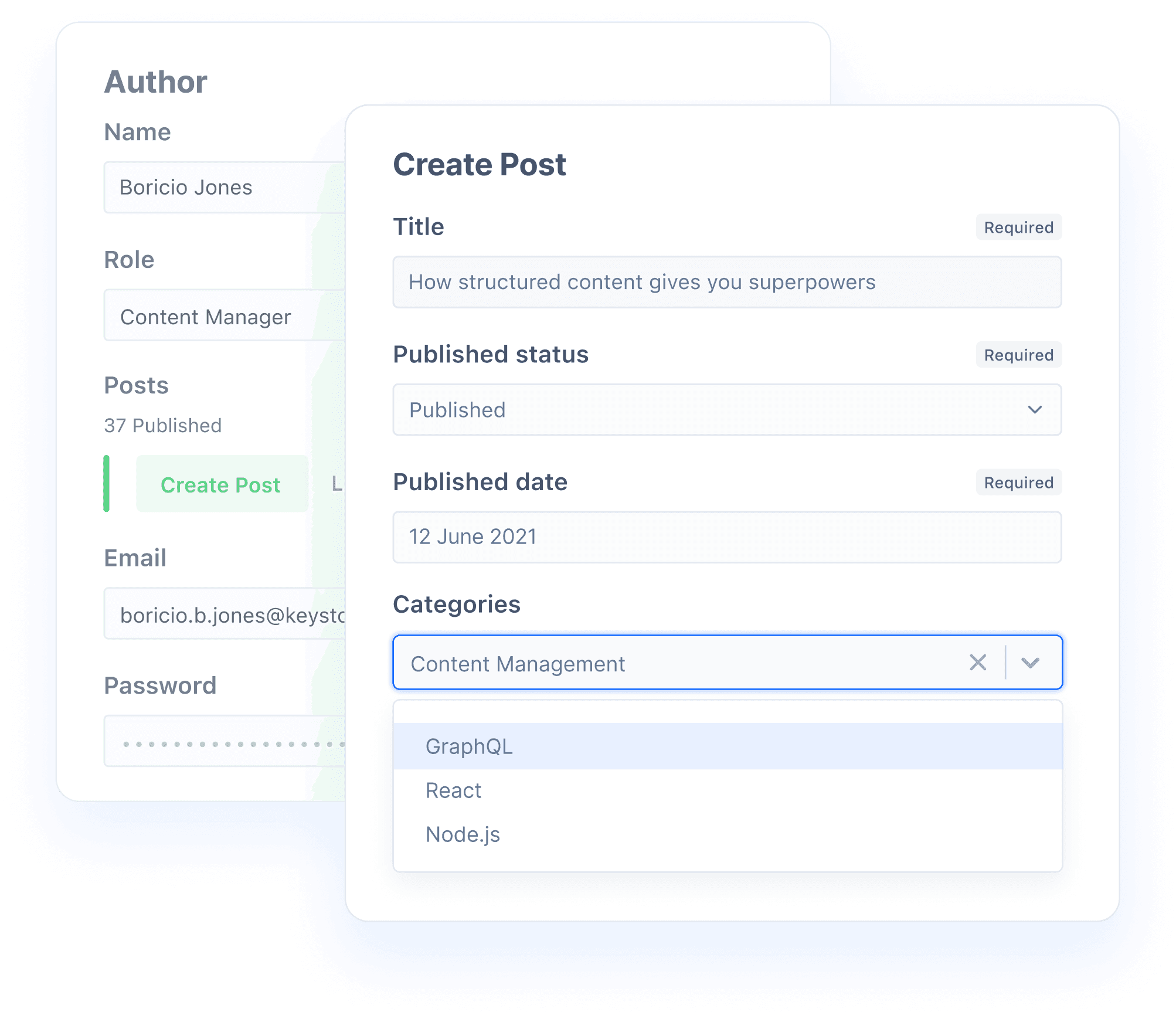 2 Admin UI panes showing creation of relationships in place. Author window opens up a Create Post window where Post categories can be selected.