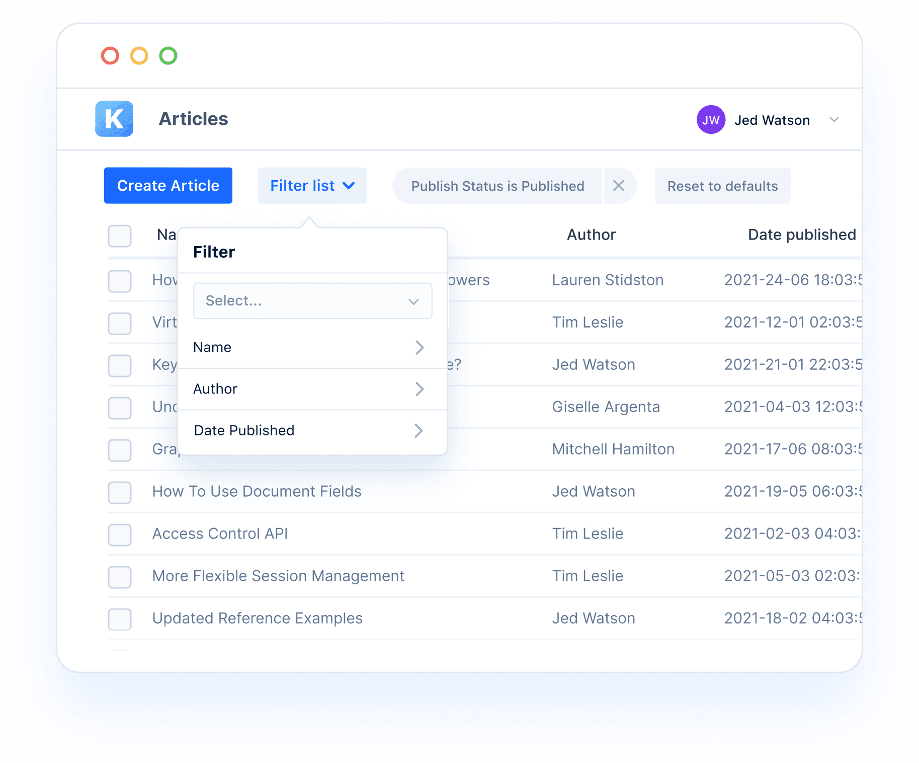 Admin UI browser window showing a tabular a list of Articles with filtration applied to the list. Filter by published status.