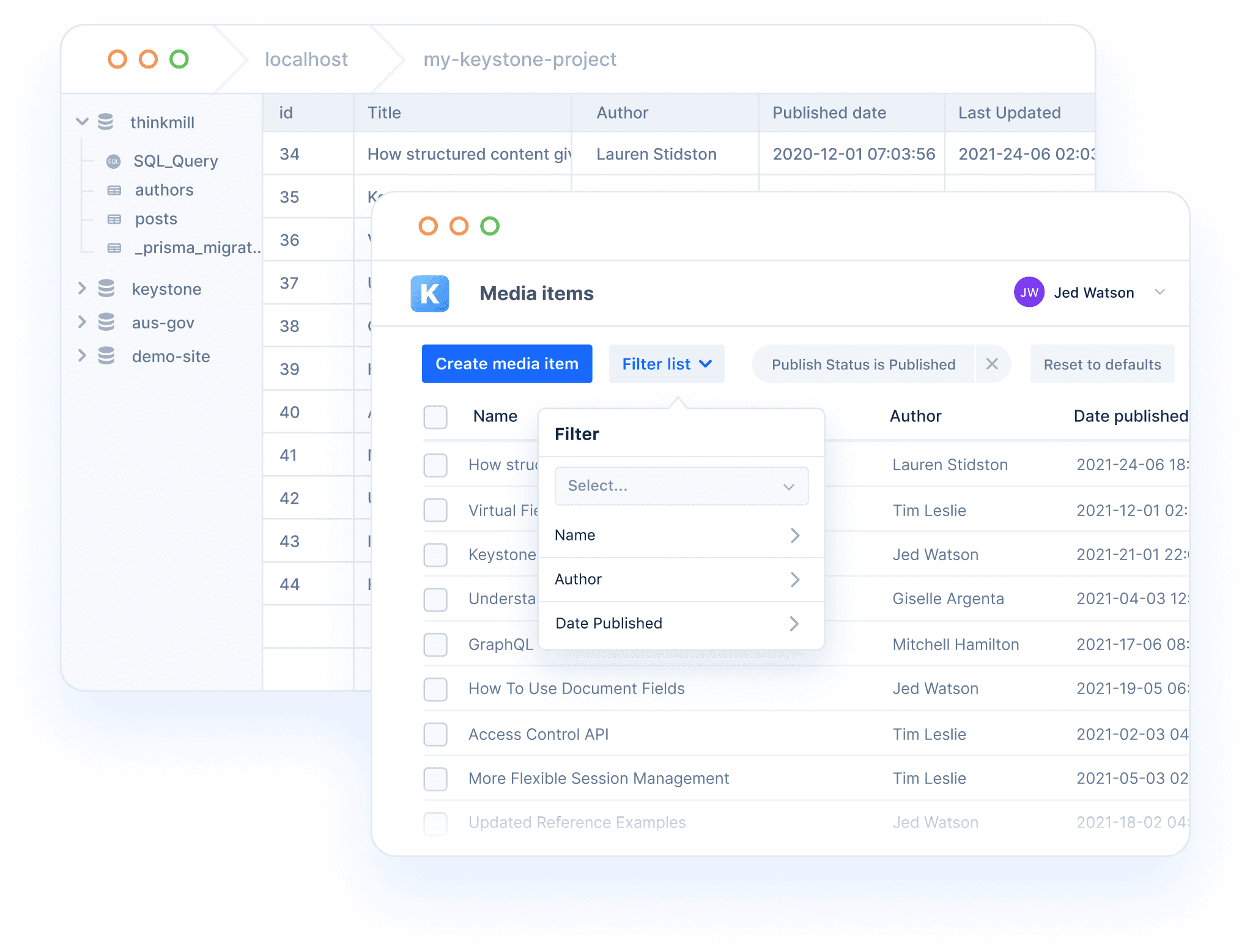 2 application panes. One displays a database configuration app with DB columns and rows containing content. The other displays the same column and row content in Keystone Admin UI.