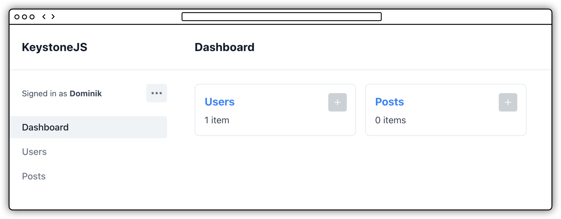 The AdminUI of Keystone showing the two lists: User and Posts